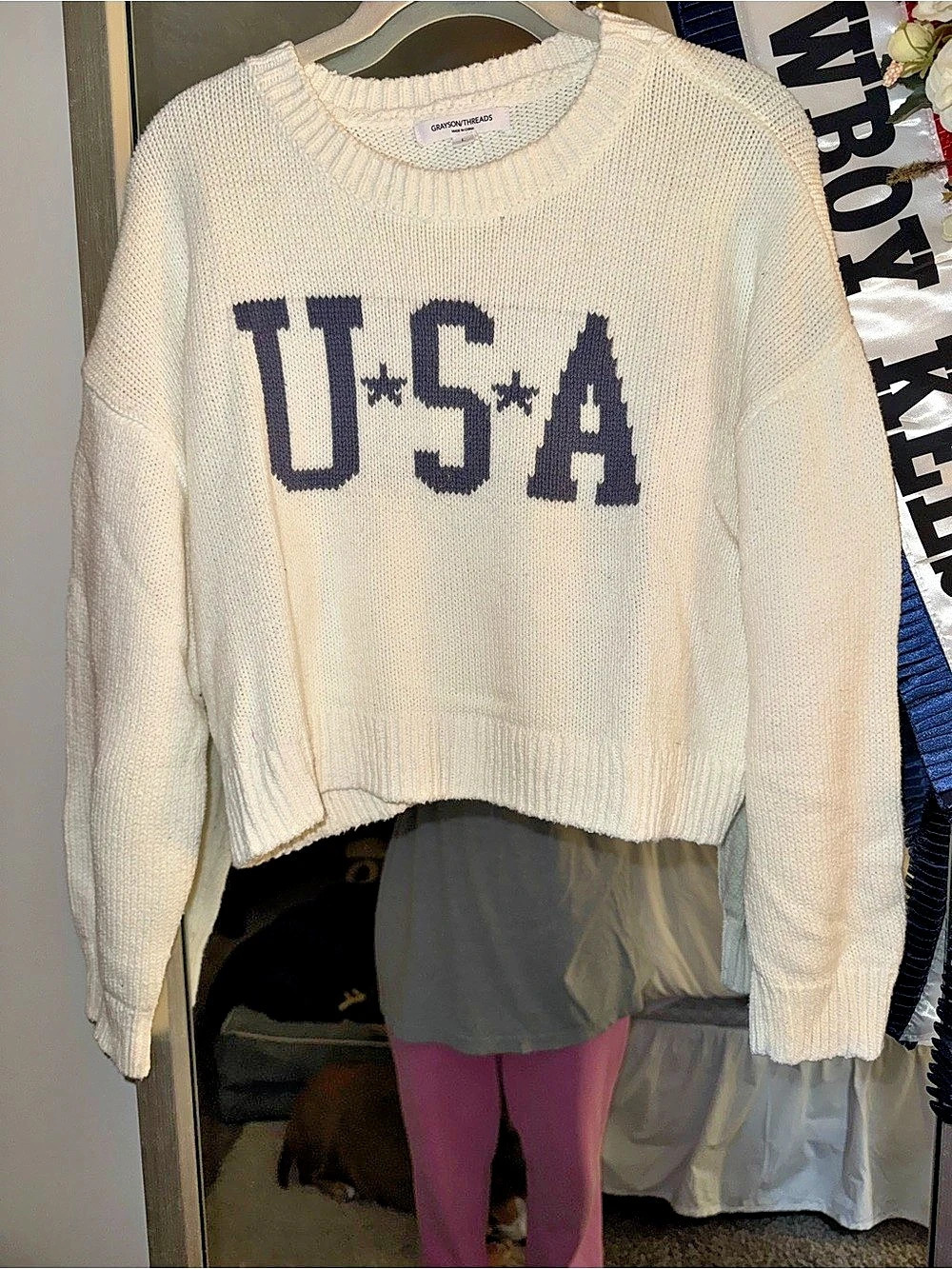 Grayson Threads USA Graphic Knit Cropped Sweater Cream Large